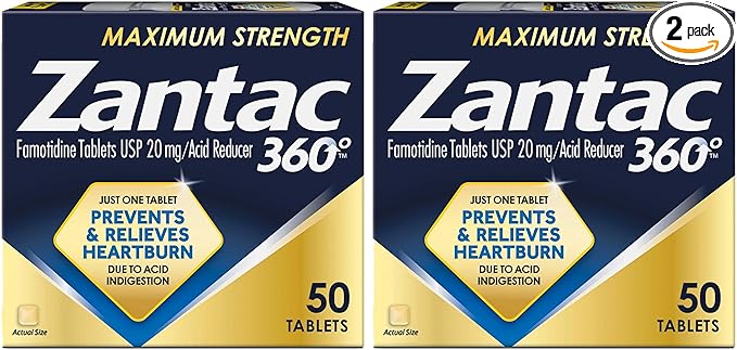 Zantac 360 Maximum Strength Heartburn Prevention and Relief Tablets, 20 mg Famotidine Pills with Targeted Relief to Control Acid Before Heartburn Starts, 50 Count (Pack of 2)