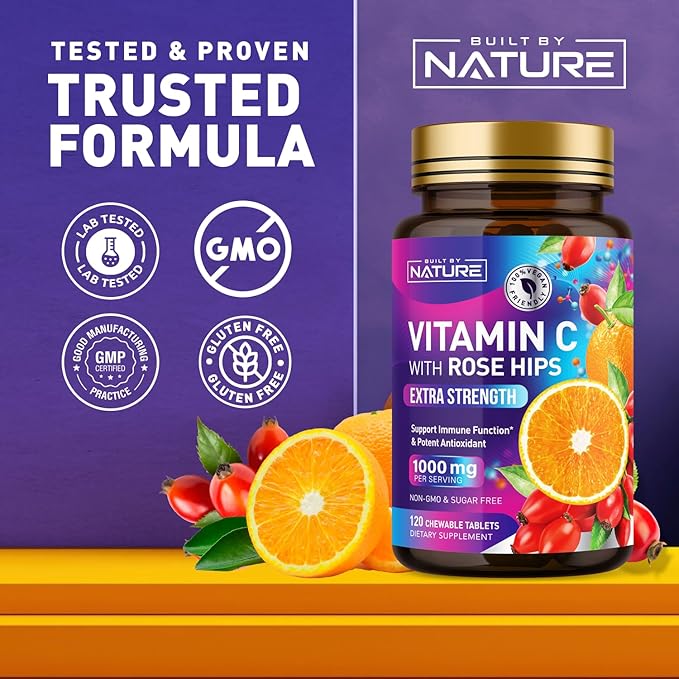Built by Nature Chewable Vitamin C with Rose HIPS - 1000mg Immune Support Supplement - Non-GMO, Gluten-Free, Vegan - Powerful Antioxidant for Energy & Collagen Boost - Orange Flavor – 120 Tablets