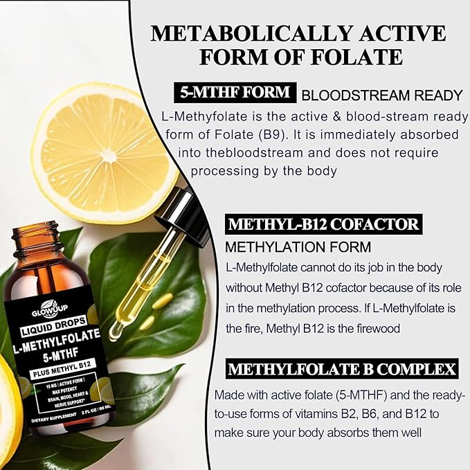 Methylfolate 15mg with Methyl B12 Liquid Drops | Active 5-MTHF Folate & B Complex Vitamins (B2 Riboflavin & B6) | Lemon Flavor Sublingual丨MTHFR Support Supplement for Methylation Mood & Energy–2 fl oz
