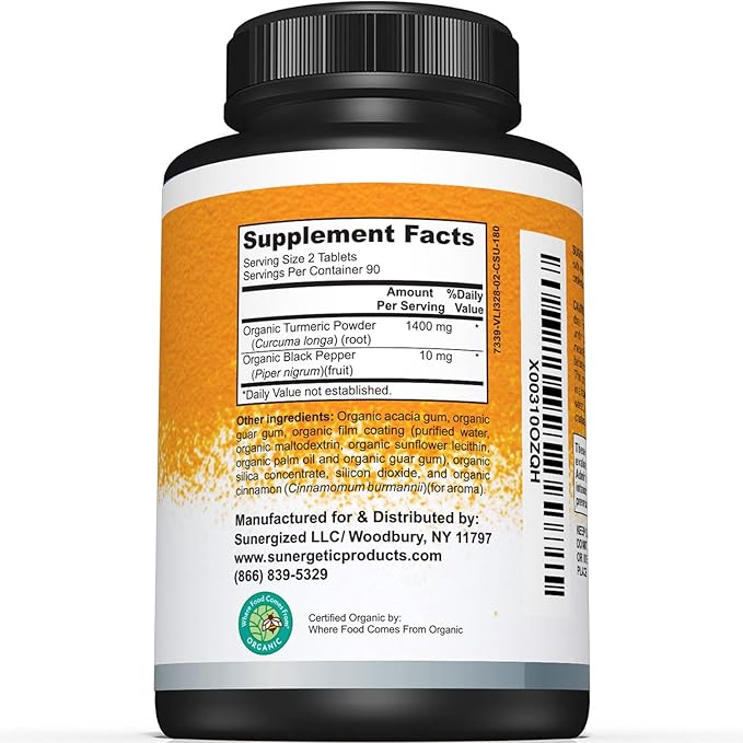 Sunergetic USDA Certified Organic Turmeric Supplement – Includes Organic Turmeric & Organic Black Pepper – 1,400mg of Turmeric per Serving - 180 Count (Pack of 1)