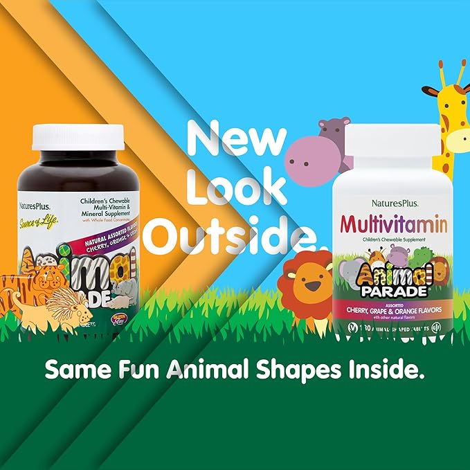 NaturesPlus Animal Parade Children's Chewable Multivitamin - 180 Animal-Shaped Tablets, Pack of 2 - Natural Assorted Flavors - Vegan, Gluten Free - 180 Total Servings