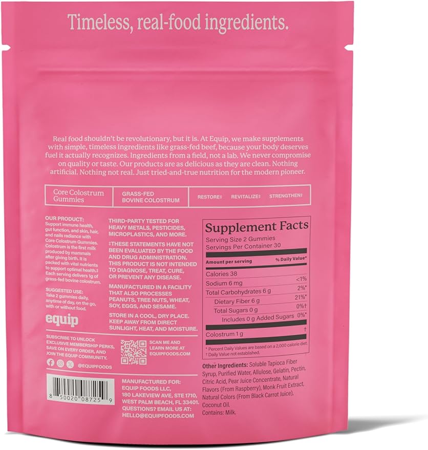 Equip Foods Core Bovine Colostrum Gummies - Delicious 1g Per Seving Grass Fed Colostrum Supplement - Gut Health, Immunity, Recovery, Hair & Skin - 60 Bovine Colostrum Gummies, 30 Servings, Raspberry