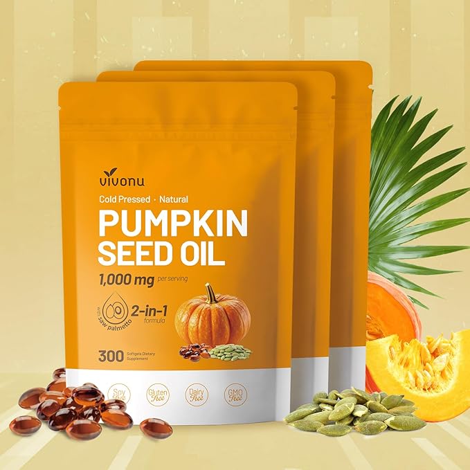 VivoNu Organic Pumpkin Seed Oil Capsules,Cold Pressed Pumpkin Seed Oil with Saw Palmetto Capsules, for Prostate Health, BPH Support, Hair Growth & Bladder Control - Non-GMO, Sugar-Free, 300 Softgels