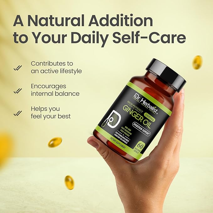 Dr. HERBALIST Ginger Oil Capsules 1600mg - Cold Pressed Zingiber Officinale with Gingerols & Shogaols | Supports Digestive Comfort & Joint Wellness* | Halal | 60ct