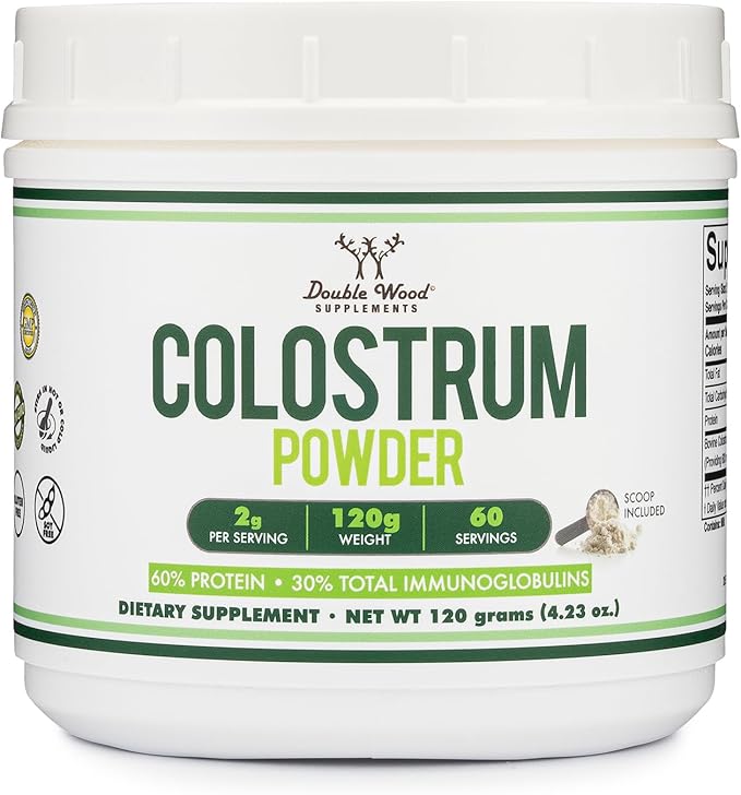Double Wood Supplements Bovine Colostrum Powder for Women and Men, for Gut Health, Skin & Hair, Immune Support (120 Grams, 60 Day Supply - Standardized to 30% Total Immunoglobulins and 60% Protein)