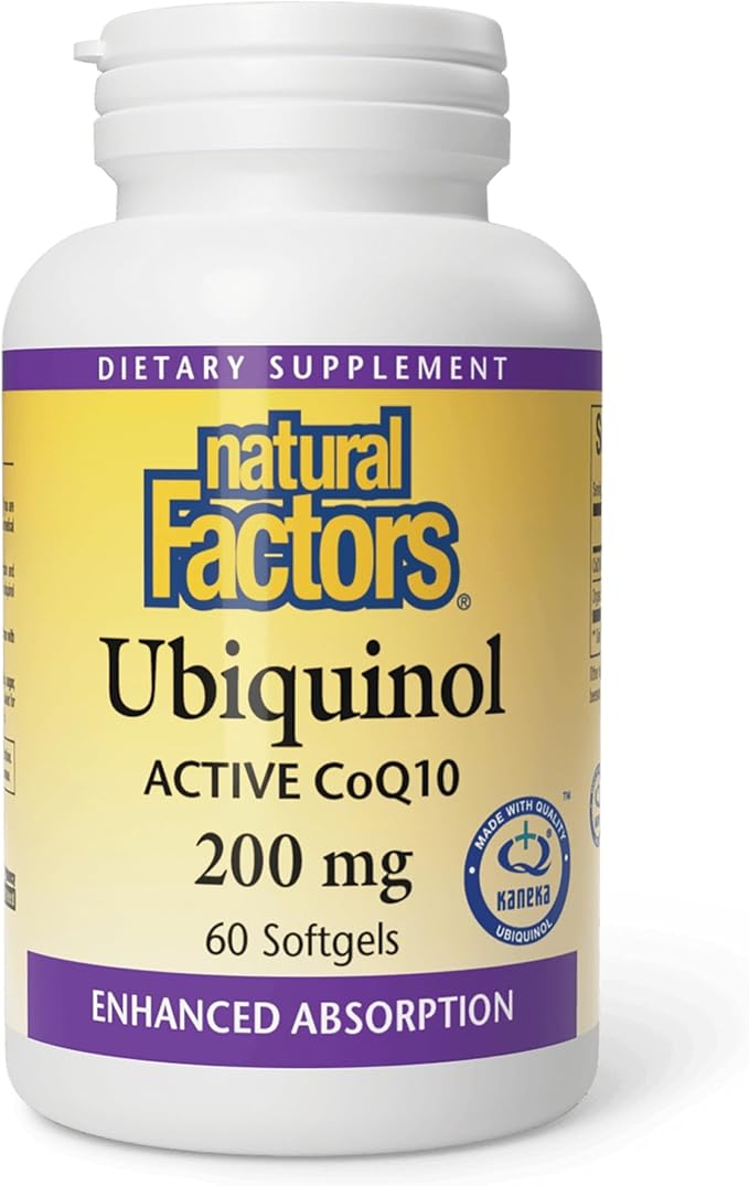 Natural Factors Ubiquinol 200 mg - Supports Heart Health & Natural Vitality - Antioxidant Support Supplement with Superior Absorption - Energy Support with Flaxseed Oil - 60 Softgels (60 Servings)
