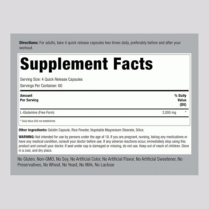 Piping Rock L Glutamine Powder Capsules | 2000 mg | 240 Pills | Supplement for Women & Men | Free Form Amino Acid | Non-GMO, Gluten Free