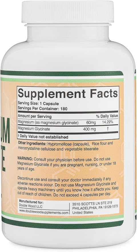 Magnesium Glycinate 400mg | 180 Capsules | Sleep, Muscle, & Heart Support | Vegan, Third Party Tested, Gluten Free, Non-GMO, by Double Wood Supplements