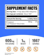 BulkSupplements.com Potassium Gluconate Powder - for Hydration Support, Mineral Supplement, Potassium 99mg - Gluten Free, 600mg per Serving, 1kg (2.2 lbs) (Pack of 1)