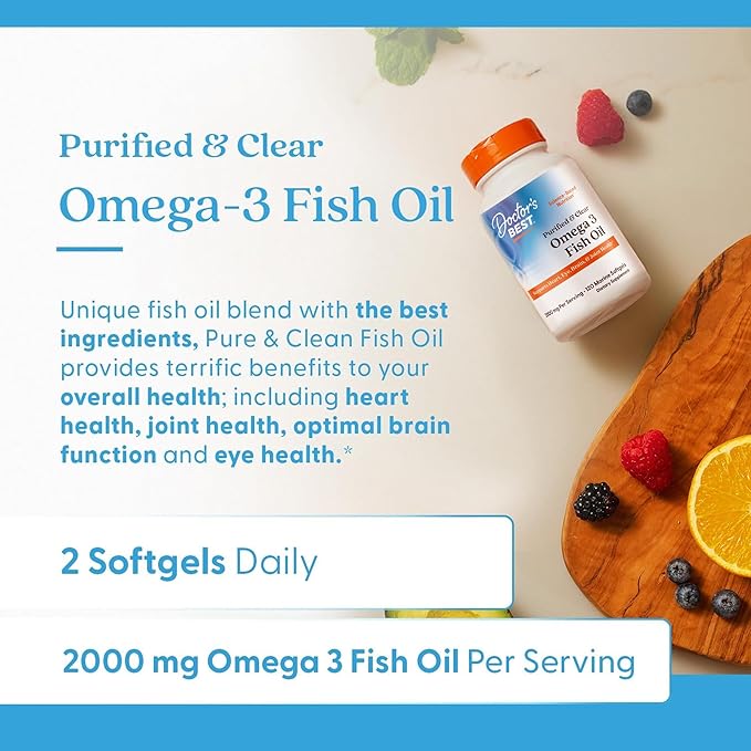 Doctor's Best Omega 3 Fish Oil Supplement for Women & Men - Source of DHA, EPA, & Omega-3 Fatty Acids, Purified, High 2000 mg Potency, Heart Health Support, Non-GMO, Gluten Free - 120 Marine Softgels
