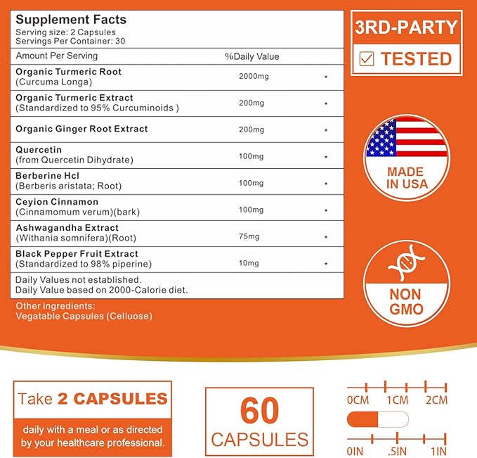 2200mg Liposomal Turmeric Curcumin Supplement with Black Pepper & Ginger Enhanced Absorption - 95% Curcumin Extract for Joint Support 60 Capsules