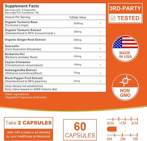 2200mg Liposomal Turmeric Curcumin Supplement with Black Pepper & Ginger Enhanced Absorption - 95% Curcumin Extract for Joint Support 60 Capsules