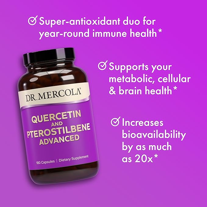 Dr. Mercola Quercetin & Pterostilbene Advanced - Supports Respiratory & Immune Health - 500 mg Quercetin - High-Bioavailability Formula - Non-GMO, Gluten-Free & Soy Free - 180 Capsules (90 Servings)