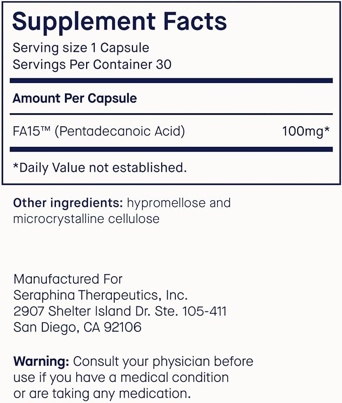 Fatty15 C15:0 Pentadecanoic Acid Supplement The Longevity Nutrient - 90 Vegan Capsules - 3X Cellular Benefits of Fish Oil EPA Omega 3 Supplements - Liver Support & Mitochondrial Health