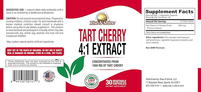 Rise-N-Shine Tart Cherry 4:1 Extract (Fruit) (Prunus Cerasus) | 250 mg Tart Cherry Extract | Antioxidant | 30 Day Supply