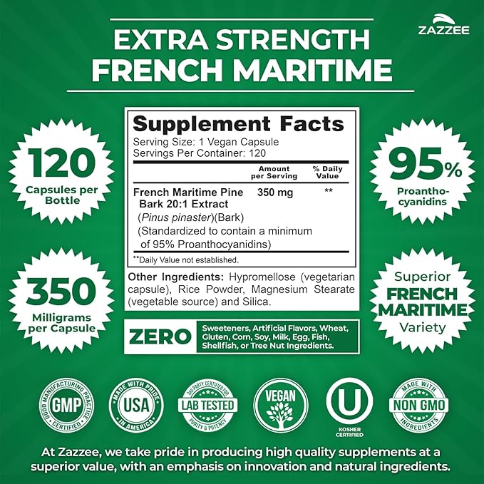 Zazzee Extra Strength French Maritime Pine Bark Extract 20:1, 350 mg Per Capsule, 95% Proanthocyanidins, 120 Vegan Capsules, 4 Month Supply, Certified Kosher, Antioxidant Support, Non-GMO, Made in USA