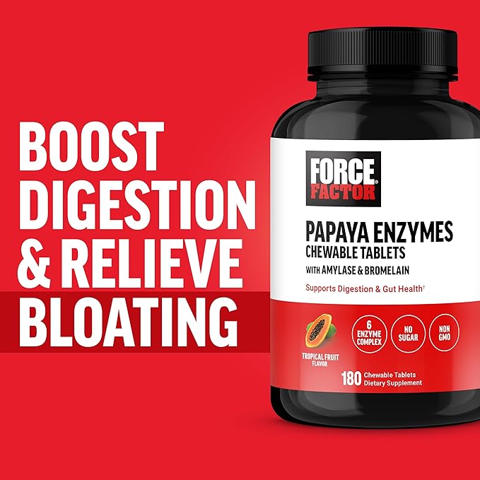 Force Factor Papaya Enzymes Complex, Digestion Supplement and Bloating Relief with Amylase and Bromelain, Support Healthy Digestion, Sugar Free, Non-GMO, Tropical Fruit Flavor, 180 Chewable Tablets