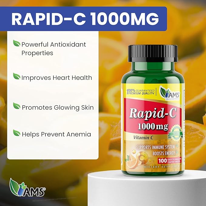 America Medic & Science Rapid-C 1000mg Vitamin C Supplement (1 Pack of 100 Tablets) Energy Booster, Daily Immune System Support, Antioxidant | Vegan, Non-GMO Coated Ascorbic Acid for Adult Men & Women