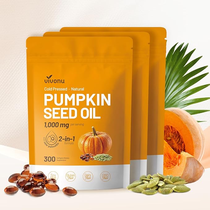 VivoNu Pumpkin Seed Oil with Saw Palmetto Capsules |Cold Pressed, Pure Virgin Oil,Essential Fatty Acids & Phytosterols |300 SoftgelsSupports Hair,Urinary,Bladder&Prostate Health|Non-GMO