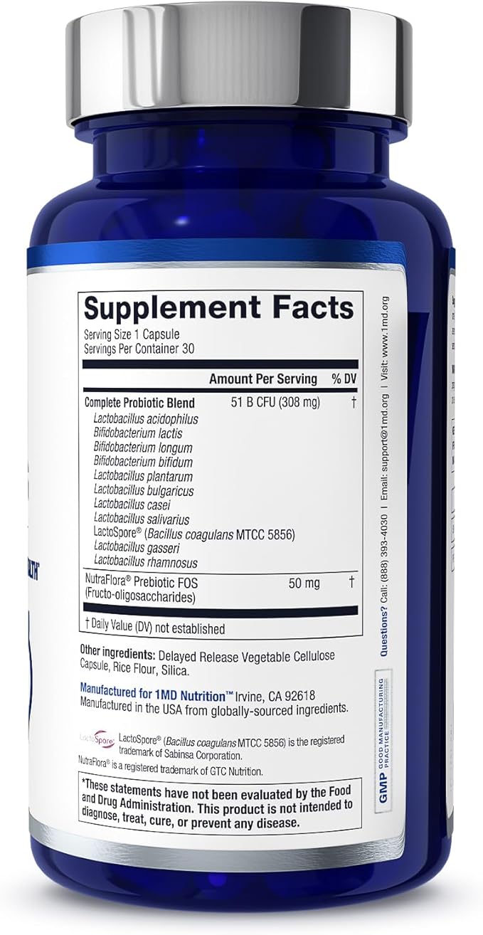 1MD Complete Probiotics Platinum | Supports Digestive Health | with Nourishing Prebiotics, 51 Billion Live CFU, 11 Strains, Dairy-Free | 30 Vegetable Capsules (3-Pack)