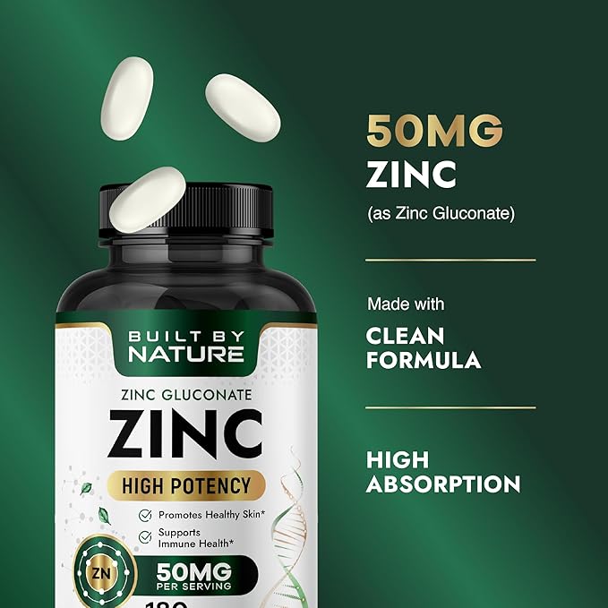 Built By Nature Zinc 50 mg – Zinc Gluconate for Highly-Absorbable Immune & Antioxidant Support – Promotes Skin, Eye & Immune Health – Non-GMO, Gluten-Free – 180 Tablets