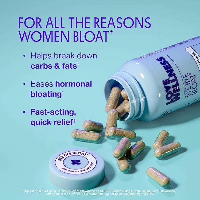 Love Wellness Bye Bye Bloat | Digestive Enzymes | Fast Acting Bloating Relief for Women | Helps Reduce Water Retention & Gas Relief | Supports Digestive Health w/Fenugreek & Dandelion | 45-Day Supply