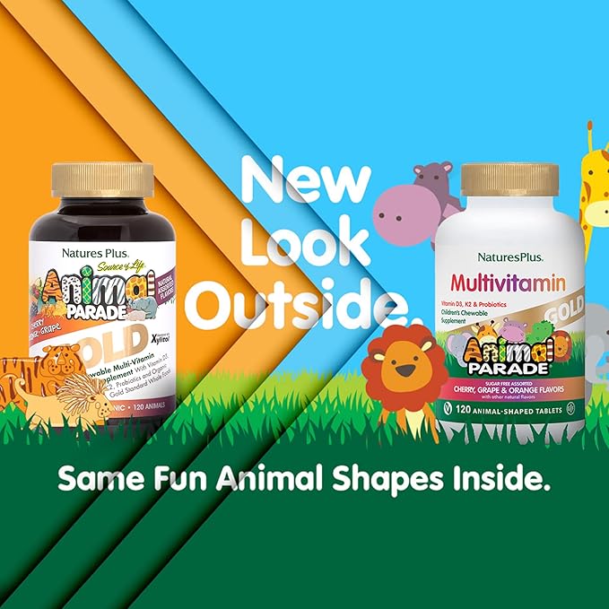 NaturesPlus Animal Parade Gold Children's Multivitamin - Assorted Cherry, Orange & Grape Flavors - 120 Chewable Animal-Shaped Tablets - Vegetarian, Gluten Free - 60 Servings