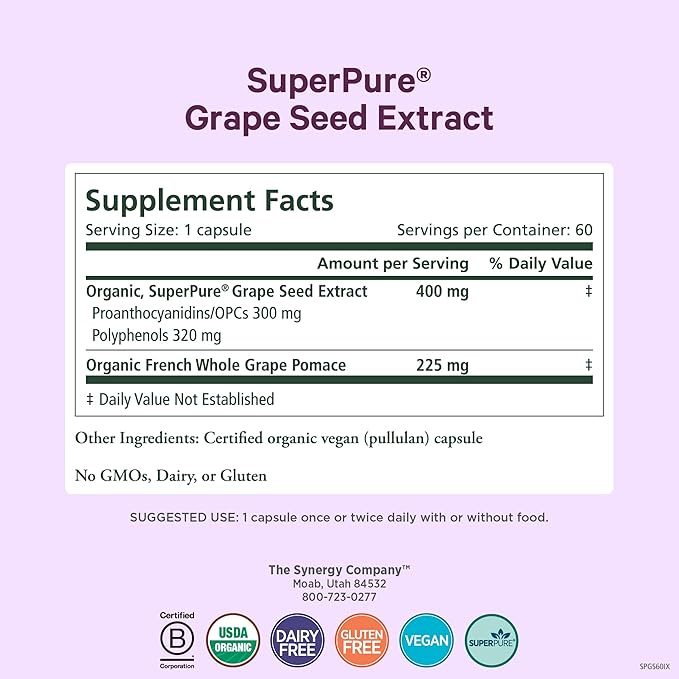 Pure Synergy SuperPure Grape Seed Extract | Organic Grape Seed Polyphenols Supplement with Whole Fruit | for Heart Health, Skin, and Healthy Aging Support (60 Capsules)