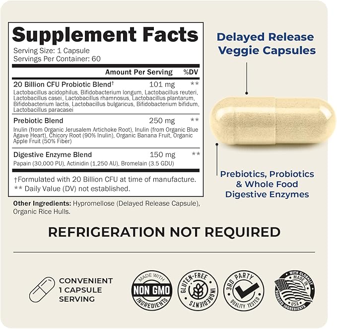 Advanced Prebiotics and Probiotics for Women & Men, Immune, Digestive & Gut Health with L. Reuteri, Inulin Fiber, Digestive Enzymes, Non-GMO, Gluten-Free, Dairy-Free, 60 Capsules