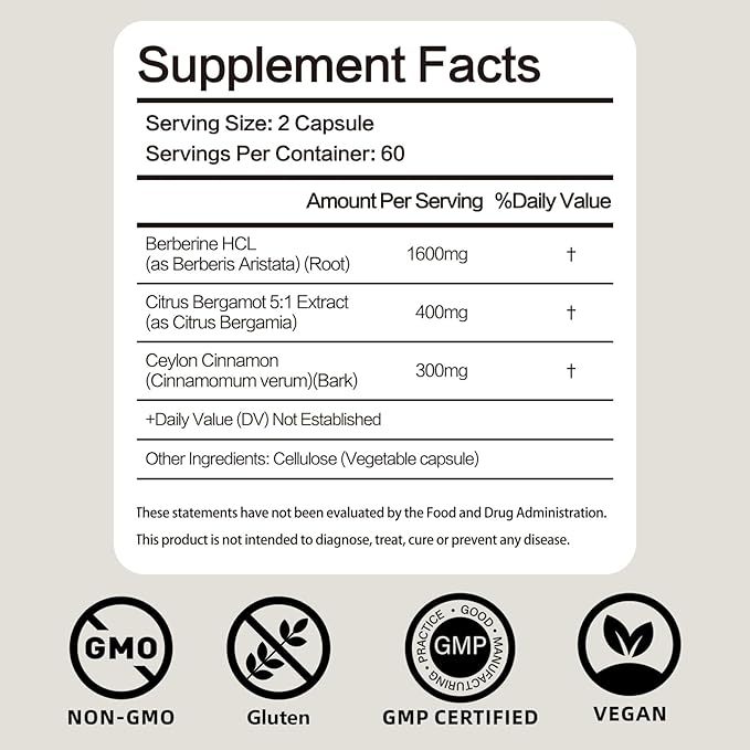 Berberine HCl Supplement with Ceylon Cinnamon & Citrus Bergamot – Botanical Formula for Daily Wellness – 120 Vegan Capsules