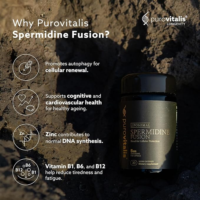 PUROVITALIS Liposomal Spermidine 5mg, Cell Renewal, 30 Servings (30 Vegan Capsules), with Zinc, Vitamin D3 & B12, Anti-ageing Supplement