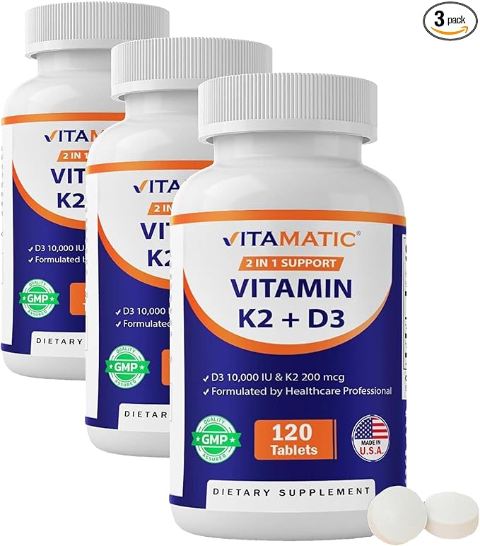 Vitamatic Vitamin D3 K2 Supplements with 10,000 IU Vitamin D + 200mcg Vitamin K MK-7, 120 Tablets Bone, Heart, Immune, & Calcium Support (Pack of 3)