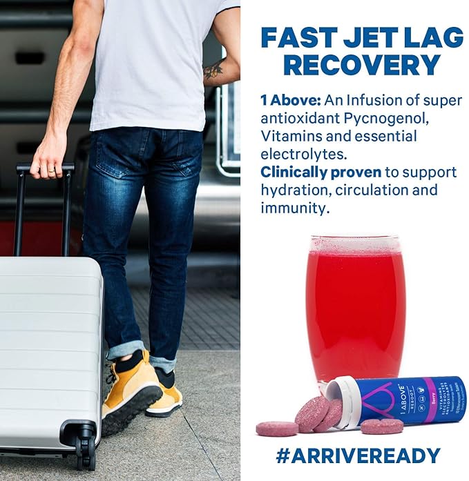 1Above Jet Lag Relief Tablets - Berry-Flavored Effervescent Multivitamin with Pycnogenol Travel Supplement for Hydration, Energy, Immune Support and Faster Recovery - Flight Essential, 10 Tablets