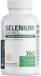Bronson Selenium 200 mcg – Yeast Free Chelated Amino Acid Complex - Essential Trace Mineral with Superior Absorption, 360 Vegetarian Capsules
