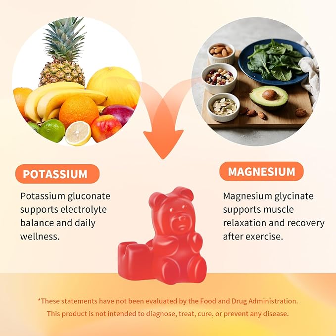Potassium Magnesium Gummies – High Absorption Magnesium Glycinate – Magnesium Potassium Supplement Gummies with Vitamin B6, D3, B12 for Muscle Support, Sugar-Free Strawberry Flavor, 60 Count