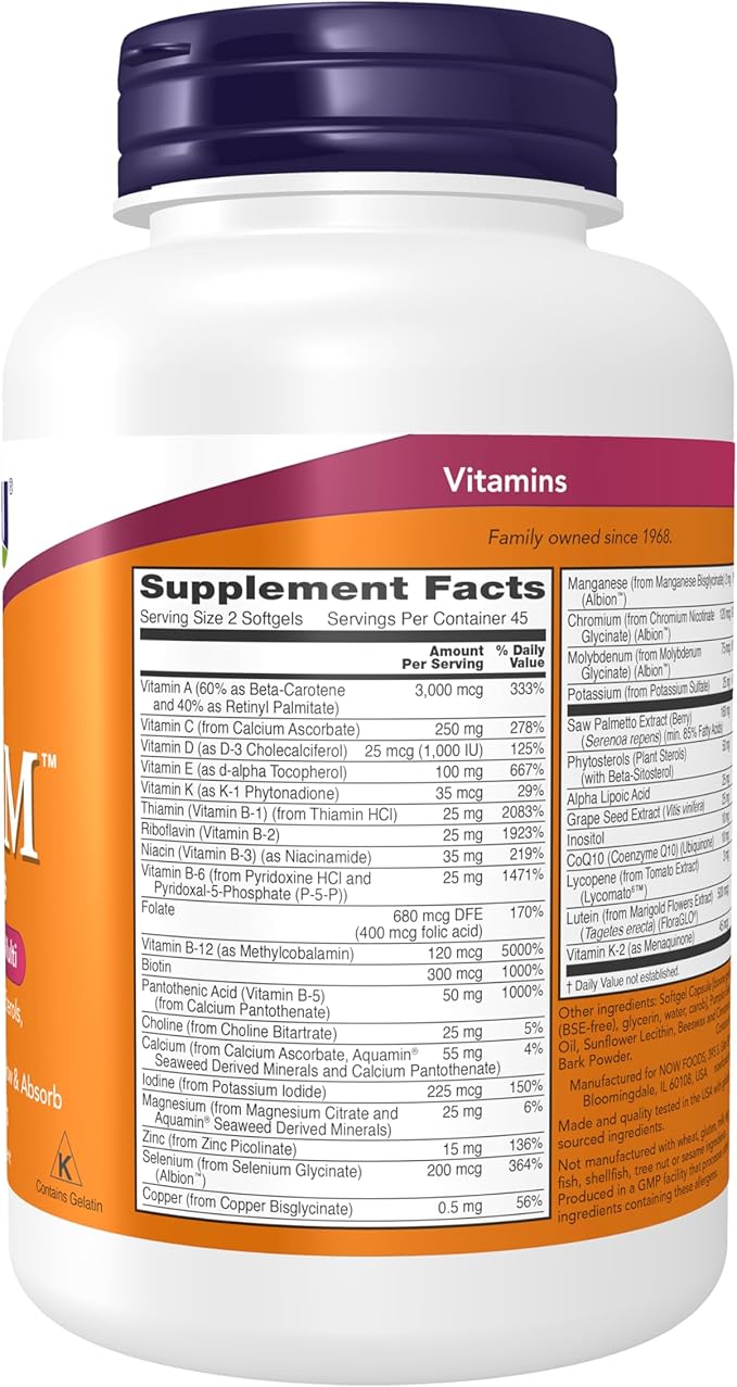 Now Supplements, ADAM™ Men's Multivitamin with Saw Palmetto, Plant Sterols, Lycopene & CoQ10, 90 Softgels, (Pack of 2)