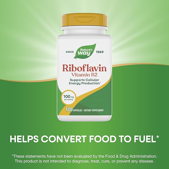 Nature's Way Riboflavin Vitamin B2, Supports Cellular Energy Production*, High Potency Riboflavin, 100 mg per Serving, 100 Capsules (Packaging May Vary)