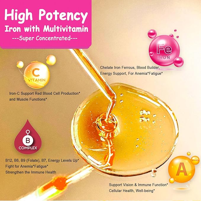 Iron Supplement for Women Men & Kids, Iron Vitamin C, A, B-Complex, Vegan Iron Drops High Potency Liquid Vitamin & Iron Supplements for Anemia, Red Blood Cell, Energy, Blood Builder, Gentle
