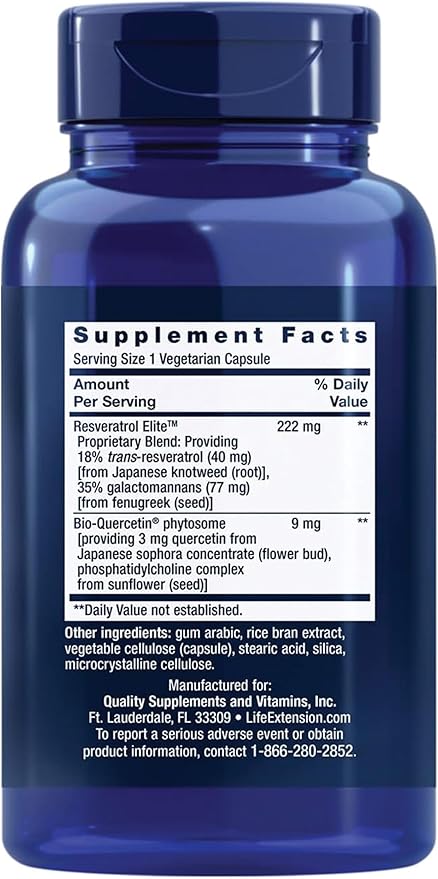 Life Extension Optimized Resveratrol Elite, Trans-resveratrol, quercetin, Healthy Aging, Heart Health, Brain Health, oxidative Stress, Gluten-Free, Non-GMO, Vegetarian, 60 Capsules