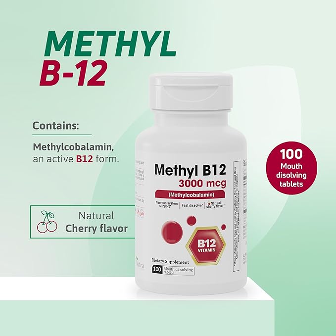Vitamin B12 Methylcobalamin 3000 mcg – Fast Dissolve Vitamin B12 Sublingual Tablets, Methylated B12 & Folate, Natural Cherry Flavor – 100 Tablets