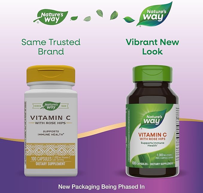 Nature's Way Vitamin C with Rose HIPS, Powerful Antioxidant & Immune Function Support from Vitamin C*,Promotes Collagen for Healthy Skin*, 100 Capsules (Packaging May Vary) - 2 Pack