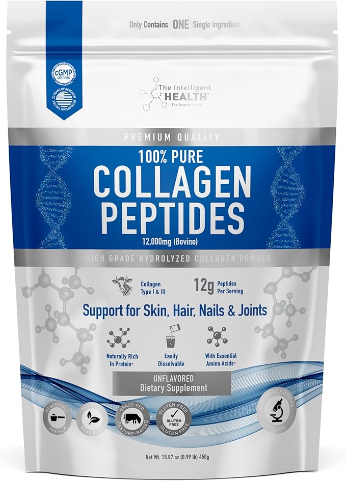 The Intelligent Health Collagen Peptides Powder, 45 Servings, Hydrolyzed Collagen, Type I & III, Grass Fed, Unflavored, Gluten Free, Keto/Paleo, 10g Servings, 15.9 Oz, Skin Support, Hair, Nail, Joints