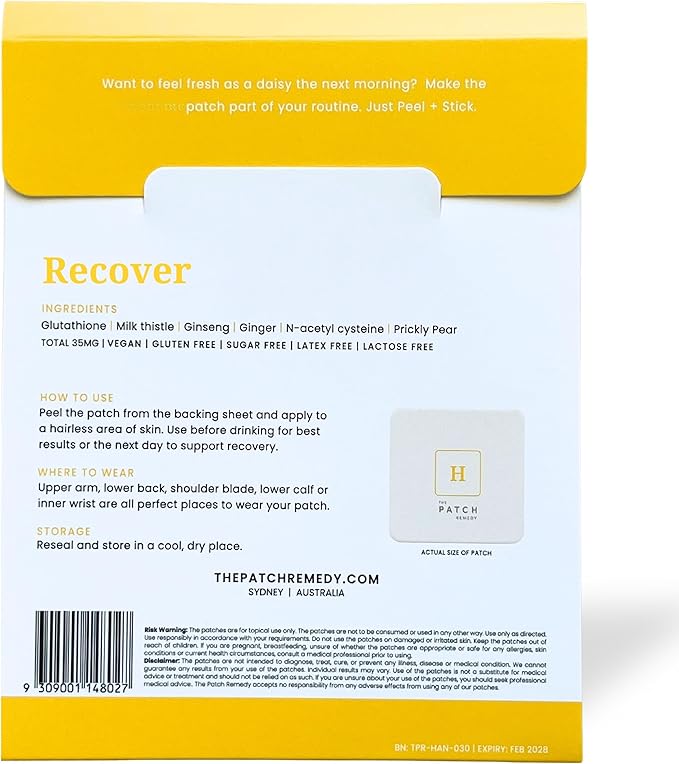 The Patch Remedy Recover Patch | Glutathione, Milk Thistle, NAC, Ginger, Ginseng & Prickly Pear | 30 Patches