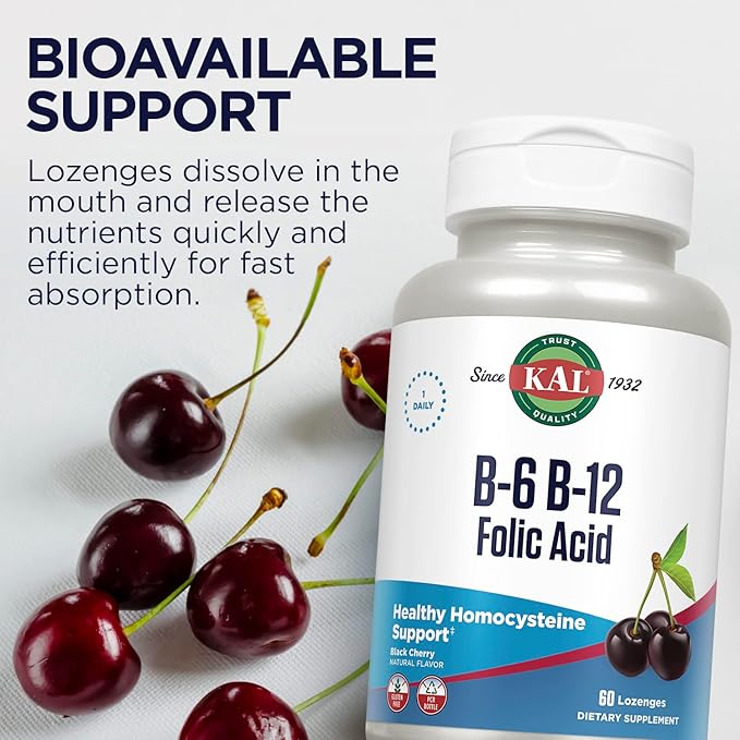 KAL Vitamin B-6 B-12 Folic Acid Supplement, B Vitamins for Healthy Energy, Heart & Red Blood Cell Support, w/Vitamin B12 Methylcobalamin and Folate, Natural Cherry, Gluten Free, 60 Serv, 60 Lozenges