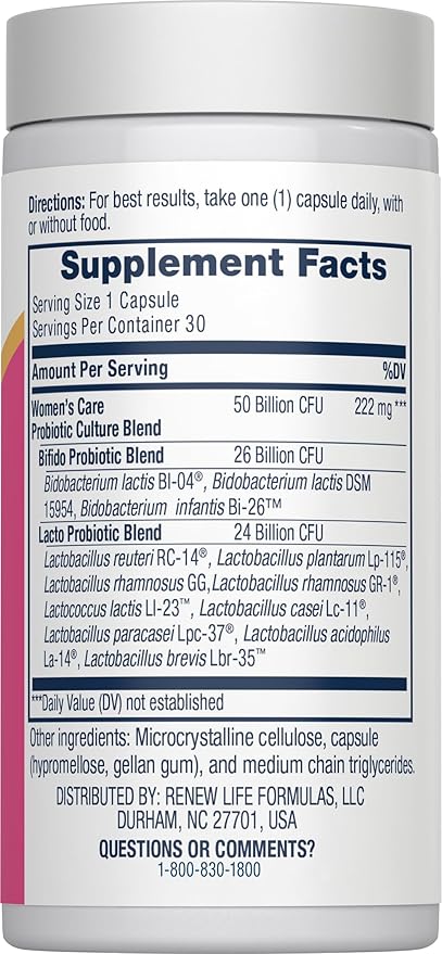 Renew Life Women's Probiotic Capsules, 50 Billion CFU Guaranteed, Supports pH Balance, Vaginal, Urinary, Digestive and Immune Health(2), L. Rhamnosus GG, Dairy, Soy and Gluten-Free, 30 Count