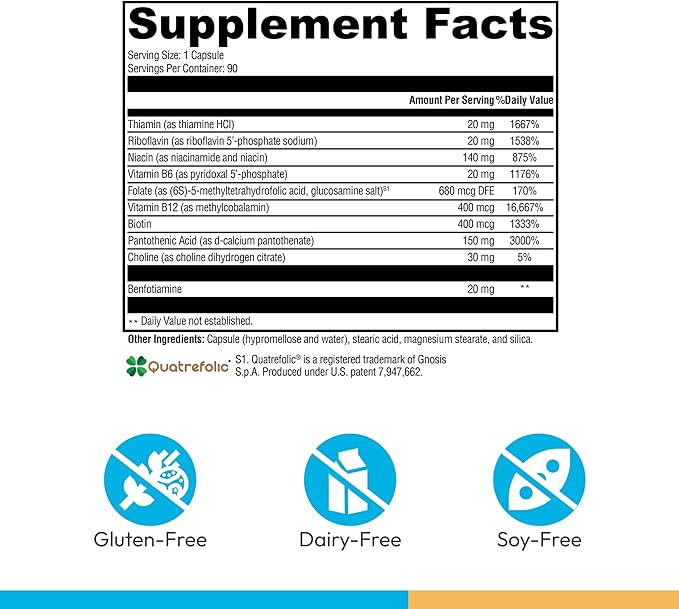 XYMOGEN B Activ Vitamin B Complex with Benfotiamine, Methylfolate, Biotin, Vitamin B6 & B12 (Methylcobalamin b12) - Energy Supplements for Adrenal & Mood Support (90 Capsules)