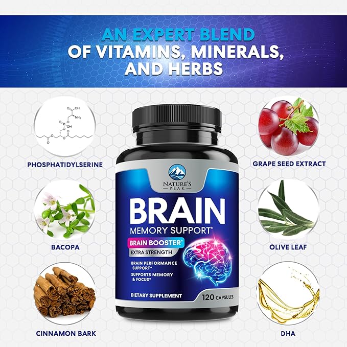 Brain Memory Supplement - 3X Strength Nootropics for Concentration, Clarity & Focus Support - Brain Health Cognitive Vitamins with Bacopa, Phosphatidylserine & DMAE, Brain Booster Pills, 120 Capsules