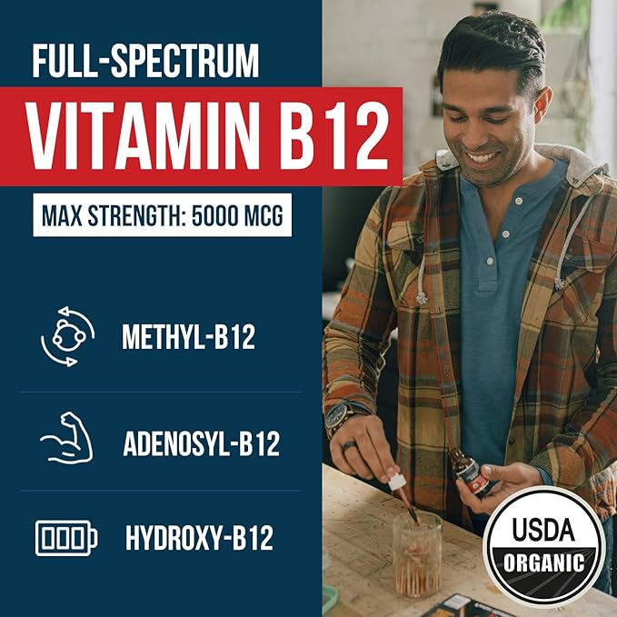 BioActive Vitamin B12 5000 mcg | 3 BioActive Forms Plus Methylfolate Cofactor - Methylcobalamin, Adenosyl & Hydroxy | Sublingual Liquid Drops, Berry Flavor, Organic, Non-GMO, Vegan (1 oz)