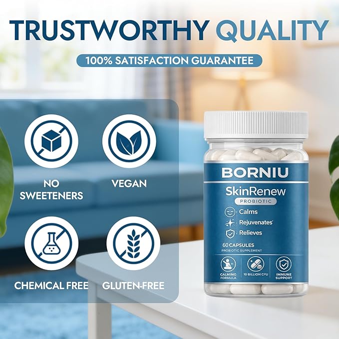 Borniu SkinRenew Probiotic for Gut and Skin Support, 5 Targeted Probiotic Strains Plus Inulin Prebiotic Fiber, Vegan, Non-GMO, 60 Capsules(1pc)
