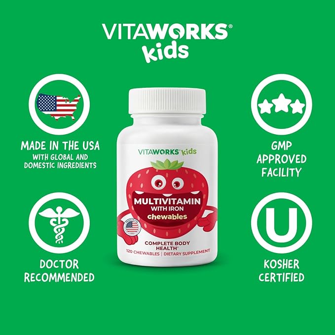 Kids Multivitamin with Iron & Minerals Chewable Tablets - Mixed Fruit Flavor - Vegetarian, GMO-Free, Nut Free - Dietary Supplement - Digestive Support for Children - 120 Chewables",